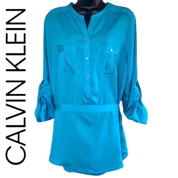 Calvin Klein Light Blue Button Up 3/4 Sleeve Shirt Blouse Size L - Picture 1 of 13